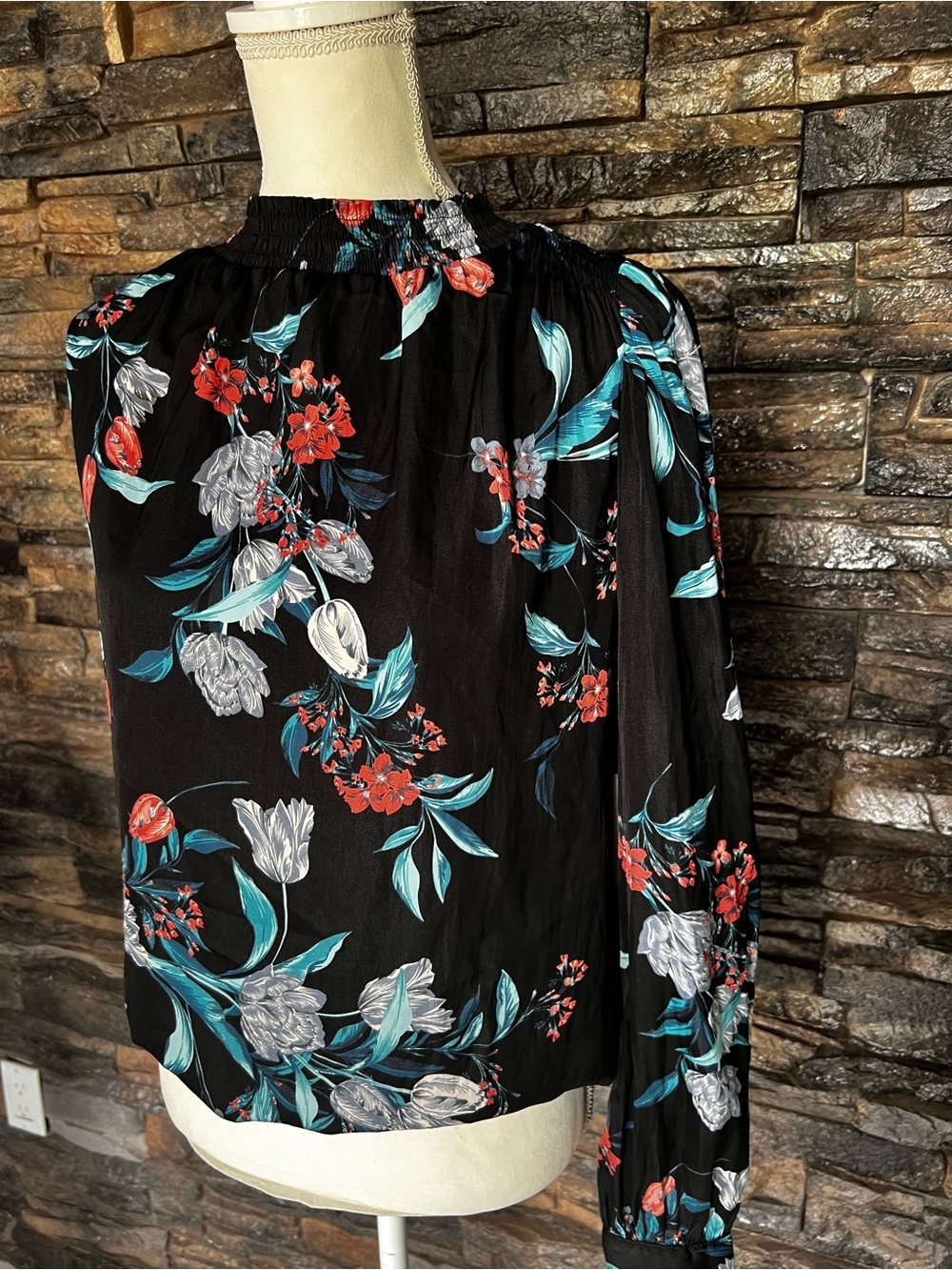 Tinsel Black Floral Blouse with Teal and Coral Accents